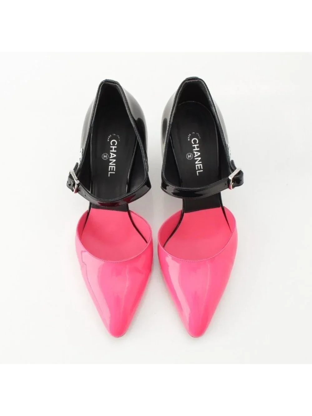 Chanel Patent CC Logo Strap Mary Jane Pumps Black Pink Heels